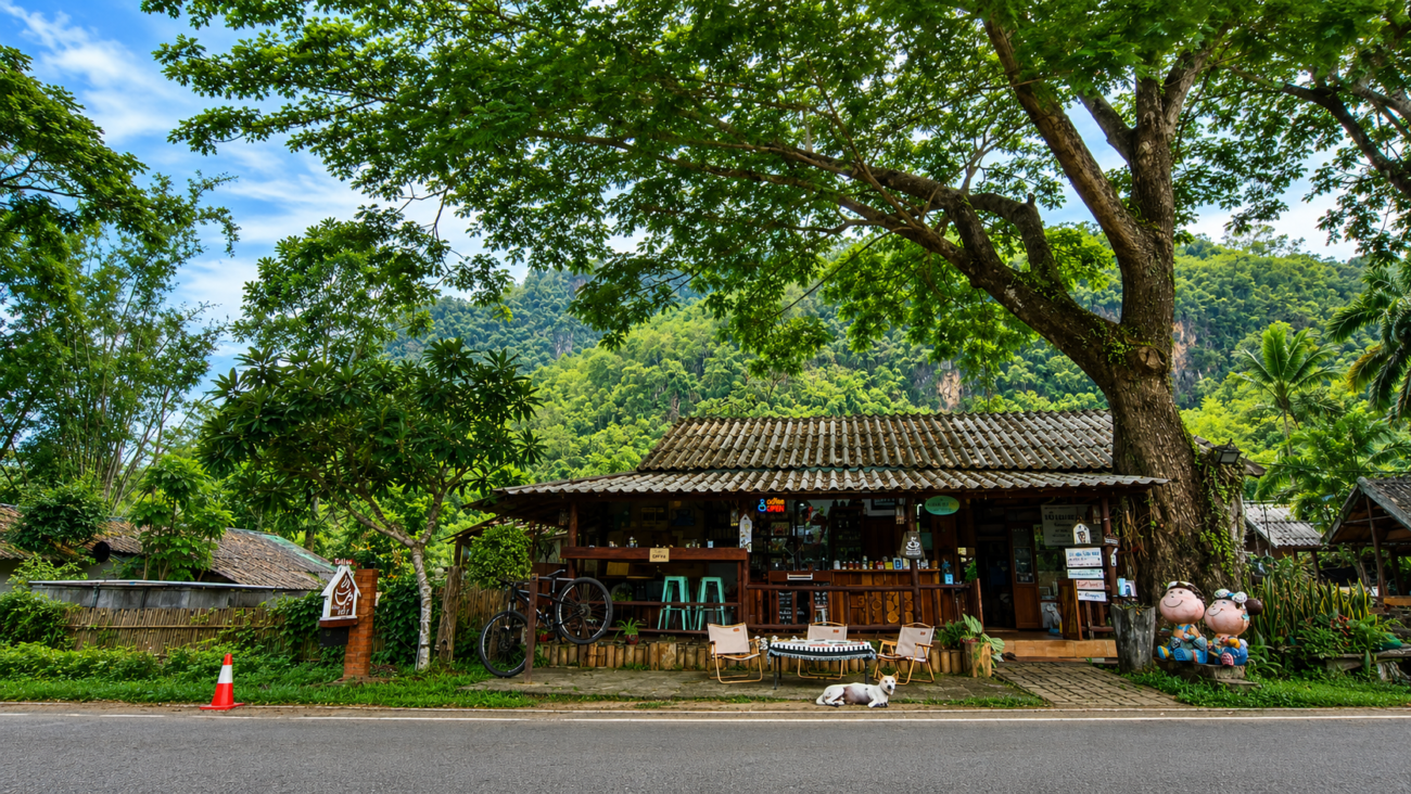 Traditional cafe in Chiang Dao surrounded by lush greenery, giant rain tree, and mountain scenery in Northern Thailand.