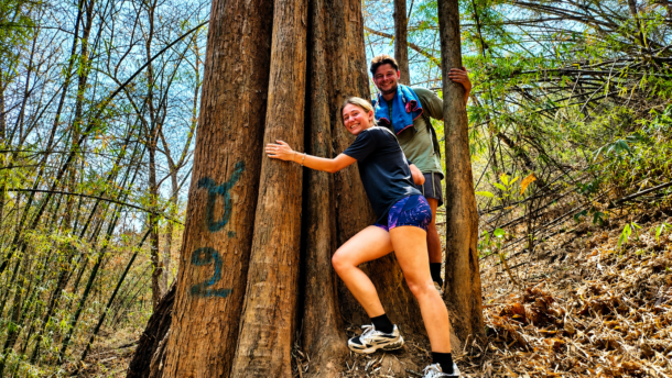 Visitors embracing a giant tree during a hiking tour in Chiang Dao forest, Chiang Mai, Thailand.